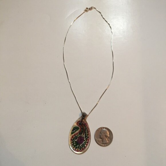 NECKLACE 16” CHAIN CHOKER STERLING SILVER 925 PAINTED SHELL PENDANT - Picture 3 of 7